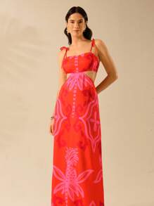 CAJUNI 女士波西米亚风热带菠萝印花无袖系带露背连衣裙，休闲海滩夏装 - 彩色 - 查看 1