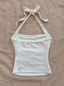 SHEIN WYWH Top a canotta aderente a costine extra large in maglia bianca con collo alto, adatto per vacanze