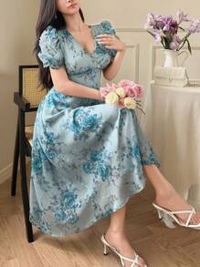 xheDAZY Vestido de mujer de longitud media con escote en V y estampado floral diminuto, vestido de verano para el Día de San Valentín, atuendos de vacaciones para mujeres, estilo bohemio para Pascuaxhe - Azul - Ver 4