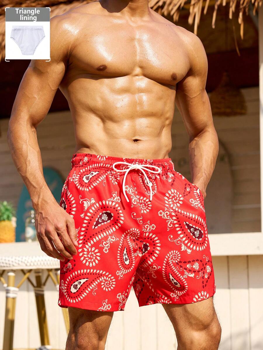 Manfinity KASUA Men's Vacation Paisley Print Drawstring Waist Casual Beach Shorts Man Swim Trunks - Red - View 1