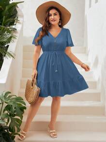 SHEIN VCAY Plus Size Women Solid Color Button Design Ruffle Sleeve Casual Dress