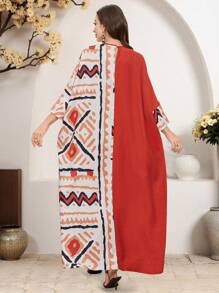 Al Najma Lente/Zomer Dames Ronde Hals Geometrisch Patroon Patchwork Effen Kleur Turkse & Arabische Stijl Lange Jurk