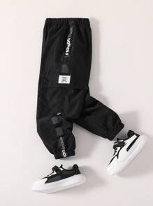 SHEIN Genkimix Kids 男童时尚 3D 口袋工装裤，带侧边带，松紧裤脚，适合 4-7 岁儿童，春/夏/秋季