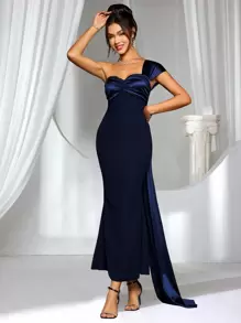 Coutiva 女士针织海军蓝腰部修身连衣裙、晚礼服、优雅舞会礼服、正式礼服、适合春夏季音乐节、伴娘礼服 - 藍色 - 查看 1