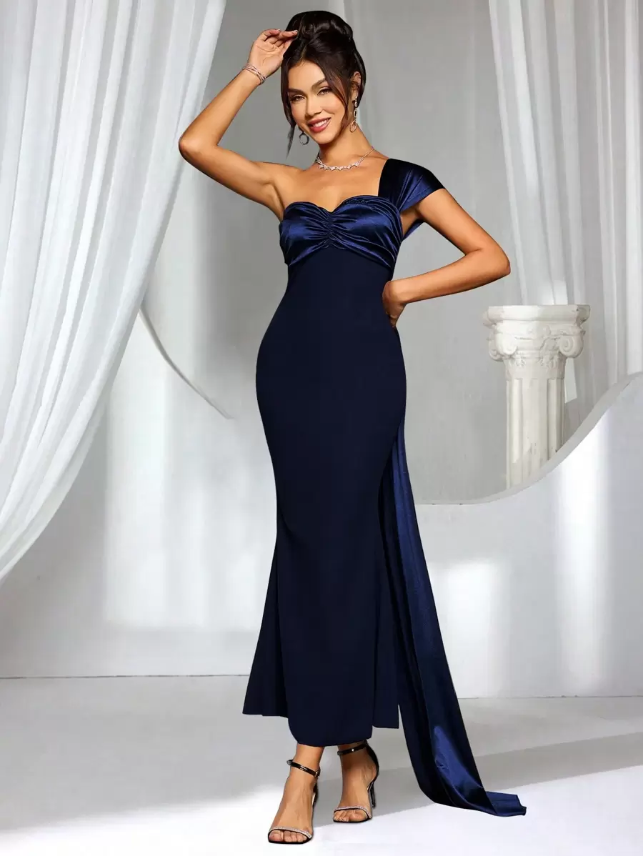 Coutiva 女士针织海军蓝腰部修身连衣裙、晚礼服、优雅舞会礼服、正式礼服、适合春夏季音乐节、伴娘礼服 - 藍色 - 查看 1