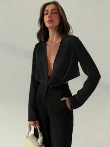 Aloruh Blusa ajustada de manga larga con escote cruzado sexy para mujeres, adecuada para la oficina y uso al aire libre - Negro - Ver 5