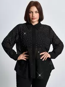 Chikora Blusa elegante de manga larga con decoración de rhinestones y malla, informal para negocios, talla grande para mujer