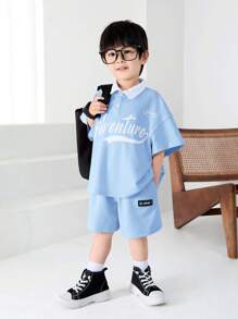 SHEIN Leap Crew 2pcs Young Boys Korean Style Loose Letter Graphic Polo Collar T-Shirt And Solid Shorts Knit 2 Pieces Set - Dusty Blue - View 6