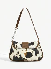 SHEIN ICON 女士、女式单肩包、流浪包、时尚、个性、简约、百搭、街头、甜美酷炫女孩、辣妹、Y2K、复古、复古、青少年、西式风格、奶牛印花、动物印花、金属链条装饰、拼接、女士西式钱包、波西米亚风格女士包、牛仔竞技场合的完美之选