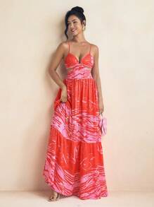 Eva Novielli Abstract Printed Spaghetti Straps V Neck Cutout Maxi Summer Dress Vacation Sundress, Rave, Prom Dress - Multicolor - View 4