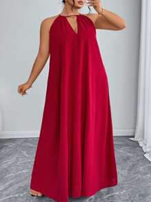 SHEIN CURVE+ Plus Size Solid Color Hollow Neck A-Line Dress - Red - View 4