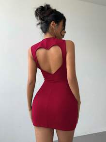 Vestido mini ajustado con espalda descubierta y recorte de corazón a lunares estilo Y2K para el Día de San Valentín, vestido corto sexy JSEK - Burdeos - Ver 2