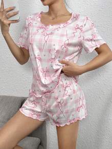 SHEIN Bow Frame Quilted Hem Casual Women Pajama Set Women Pj Set Short - Pink - View 7