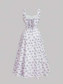 SHEIN MOD 大码花卉印花露背蕾丝边长裙，方领浪漫假日连衣裙，适合度假 - 彩色 - 查看 2