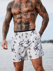 Surfspeed Men's Botanical Print Drawstring Waist Beach Shorts - Black and White - View 7