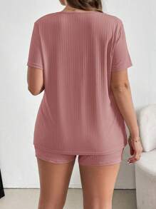 SHEIN Essnce 2pcs/Set Women Plus Size Solid Round Neck Short Sleeve Ribbed T-Shirt And Shorts Short Sets Plus Size