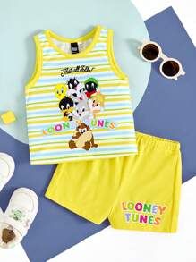 LOONEY TUNES X SHEIN Baby Boy Colorful Striped Cartoon Animal Print Contrast Color Sleeveless Tank & Shorts Set, Summer