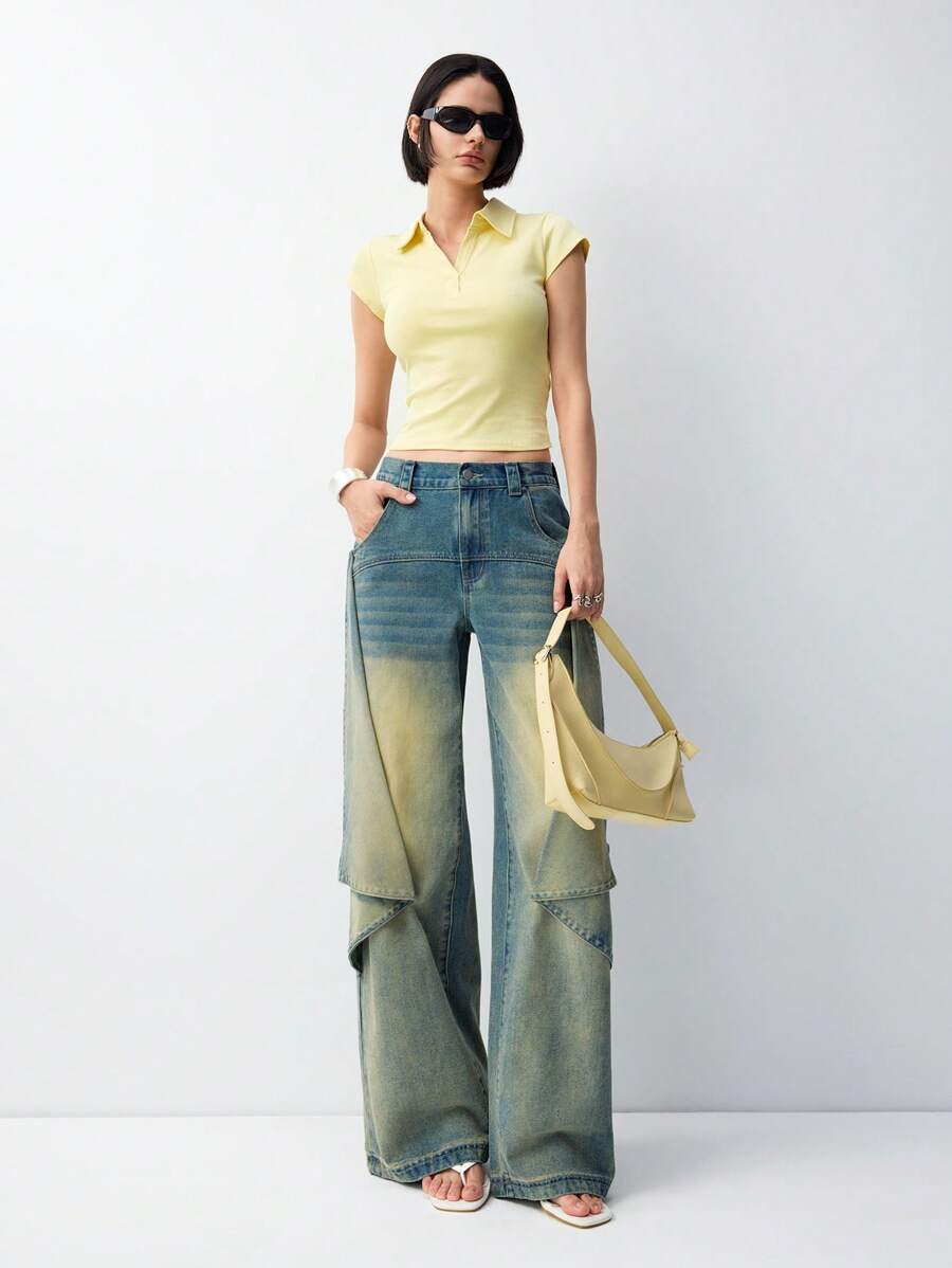 LYSMO 女式直筒宽松休闲牛仔裤，带口袋和缝线设计