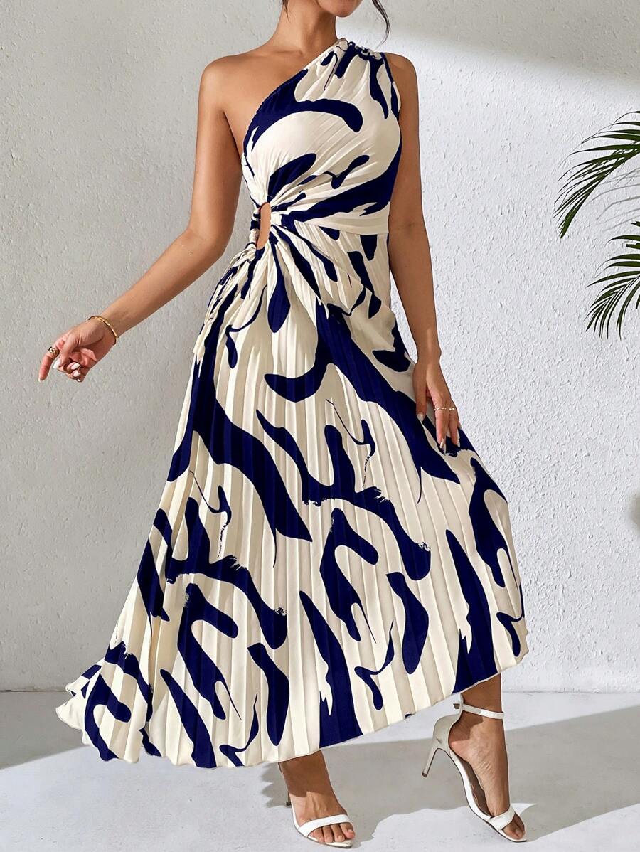 RosyDaze 夏季露肩镂空印花连衣裙长款女装 - 藍色 - 查看 1