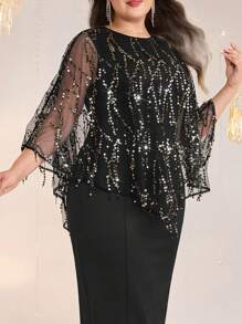 Modelyn Plus Size Elegant Party Sequined Mesh Top & Sleeveless Dress 2pcs Set