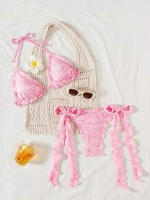 Swim Mod Conjunto de Maiô Bikini de Duas Peças com Estampa Floral, Alças Finas e Decote Nas Costas Com Laço Lateral, Look de Praia de Verão para Mulheres - Rosa chiclete - Visão 1