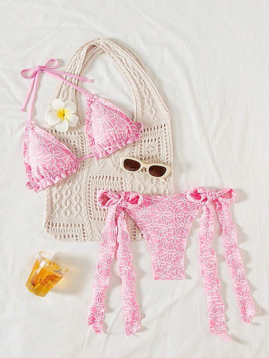 Swim Mod Conjunto de Maiô Bikini de Duas Peças com Estampa Floral, Alças Finas e Decote Nas Costas Com Laço Lateral, Look de Praia de Verão para Mulheres - Rosa chiclete - Visão 1