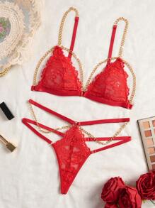 2pcs Women's Sexy Lace Lingerie Set With Chain Decor