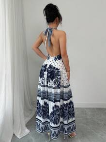 Elenzga Tryckt Camisole Midja Defined A-Line Elegant romantisk klänning för kvinnor - Blå - Visa 2