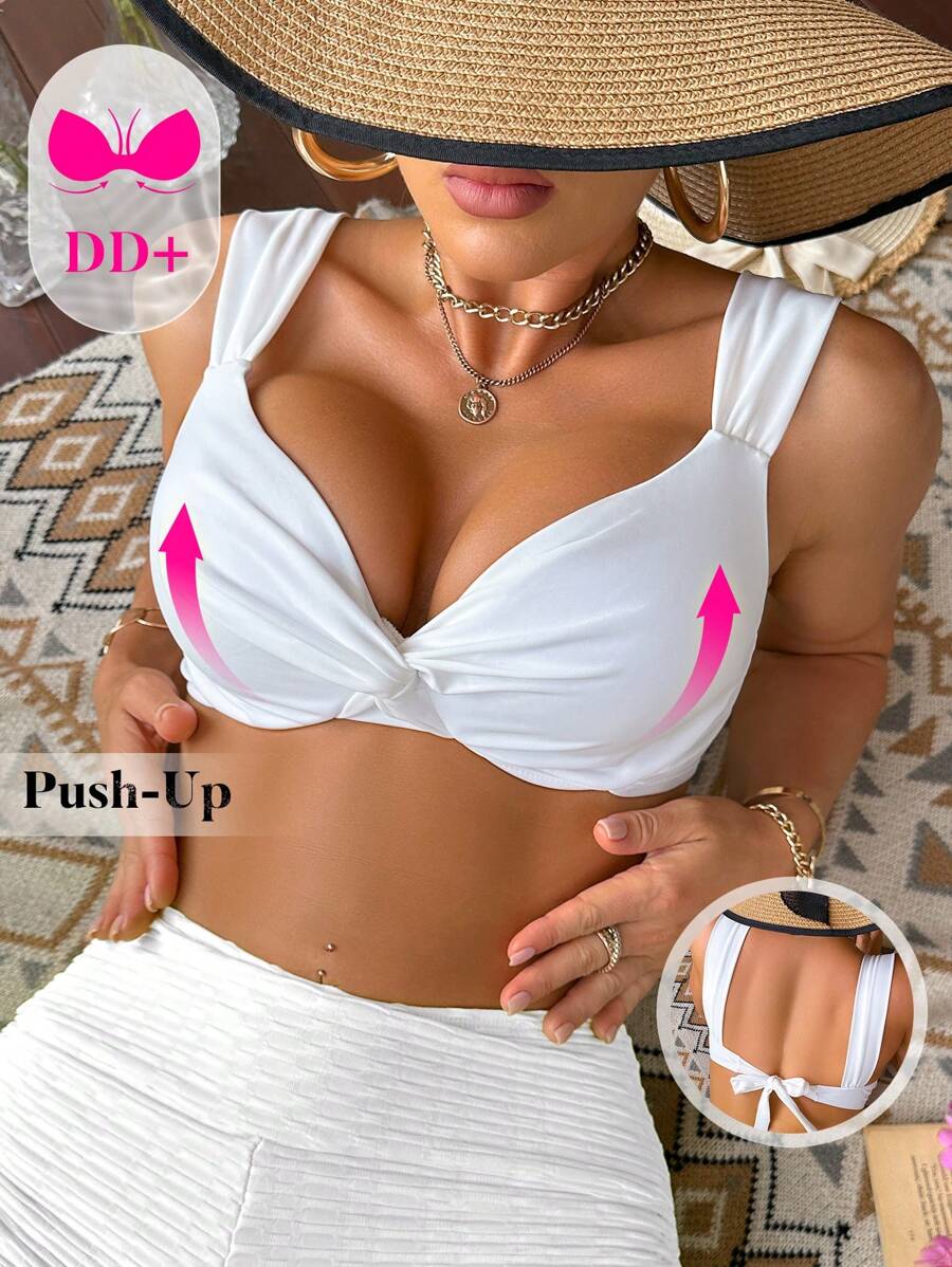 Swim DD+ Women's Solid Color Twist Front Bikini Top Swimwear, Summer Beach Vacation