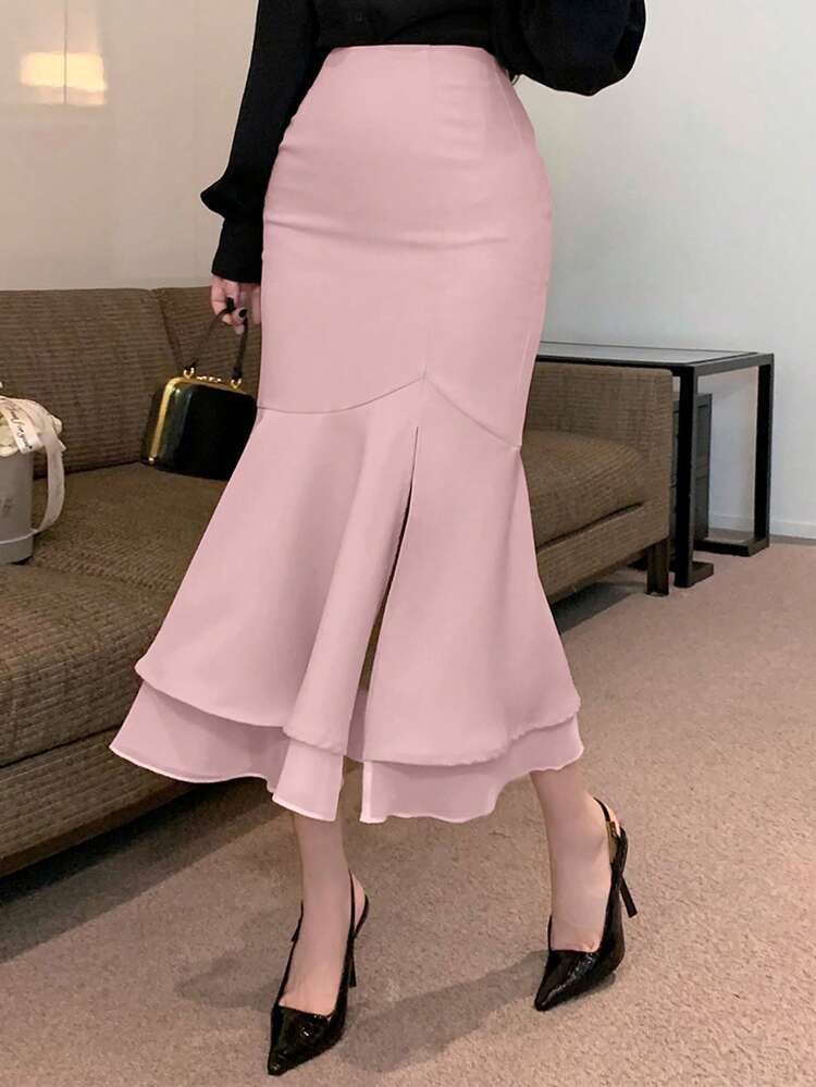 1pc Women's Elegant Solid Color Double Layer Split Fishtail Skirt