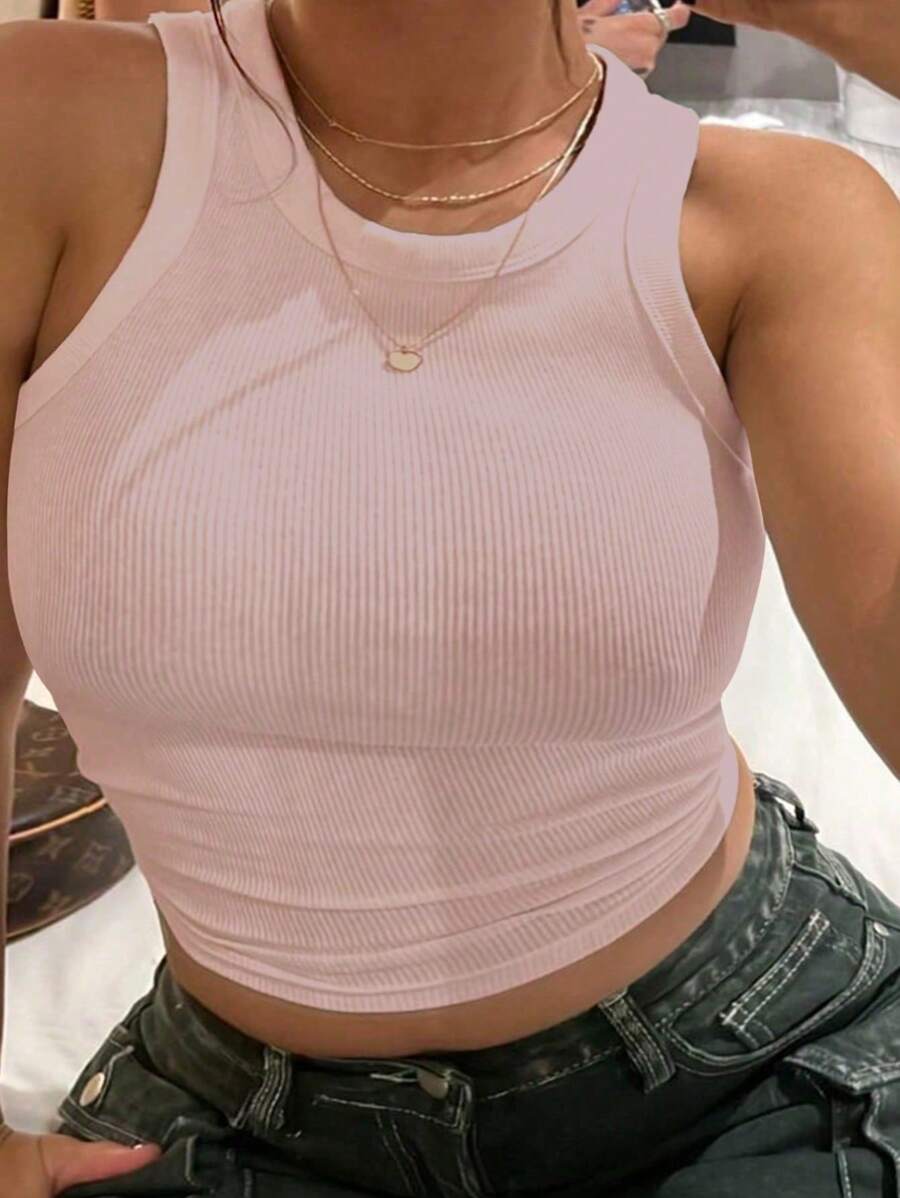 SHEIN Plus Size Simple Solid Color Pink Crop Top, Casual & Versatile - Baby Pink - View 1
