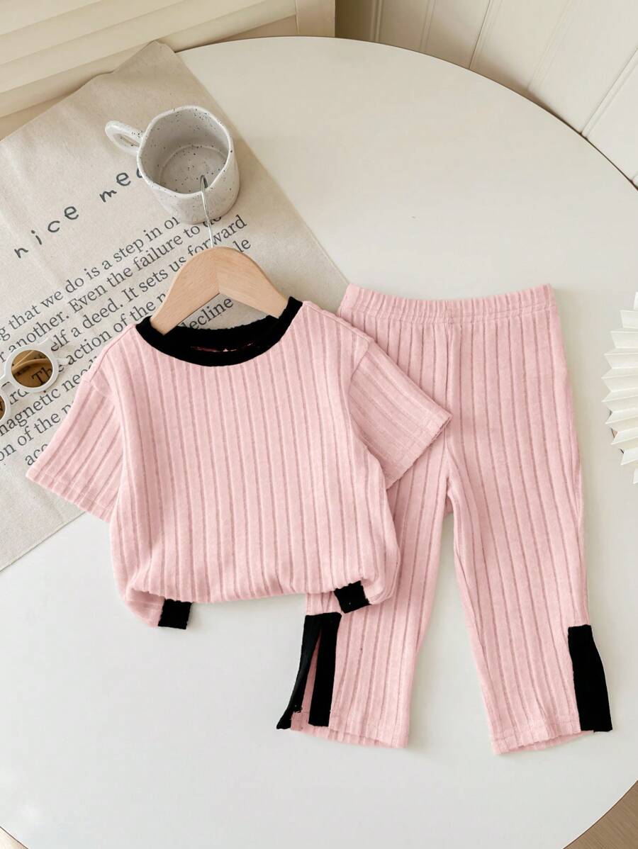 SHEIN 2 件套 Babygirl 可爱拼色针织短袖上衣和松紧腰裤,春夏 - 粉色 - 查看 1