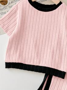SHEIN 2 件套 Babygirl 可爱拼色针织短袖上衣和松紧腰裤，春夏 - 粉色 - 查看 3