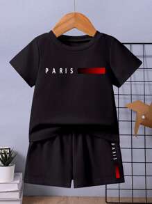 2 件套年轻男孩休闲简约巴黎英伦图案短袖圆领 T 恤和短裤，适合夏季 - 黑色 - 查看 1
