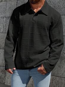Manfinity Homme Plus Size Men's Casual Solid Color Textured Polo Shirt, For Fall, Long Sleeve Top - Black - View 3