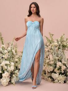 Glamine 1. 女士长款抹胸连衣裙，优雅开衩百褶连衣裙，伴娘礼服，婚礼季节服装，春夏 - 淺藍色 - 查看 4