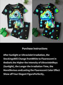SHEIN GraphicGems 2 Piece Sets Snug Fit Night Wear Kids Young Boy Cartoon Print Glow In The Dark Short Sleeve & Shorts Snug Fit 2-Piece Pajama Set .This Product Requires UV Light Exposure To Glow. - Black - View 7