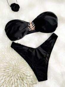 SHEIN Swim 2pcs/Set Solid Color Shiny Fabric Metal Decor Bandeaus Stylish Simple Bikini Set