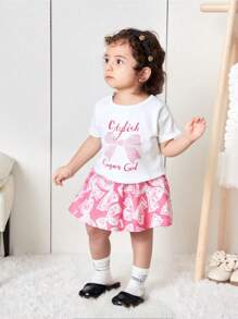 Roupa casual de verão para bebês meninas, camiseta branca com estampa fofa + saia evasê, uso diário essencial - Rosa Quente - Ver 1