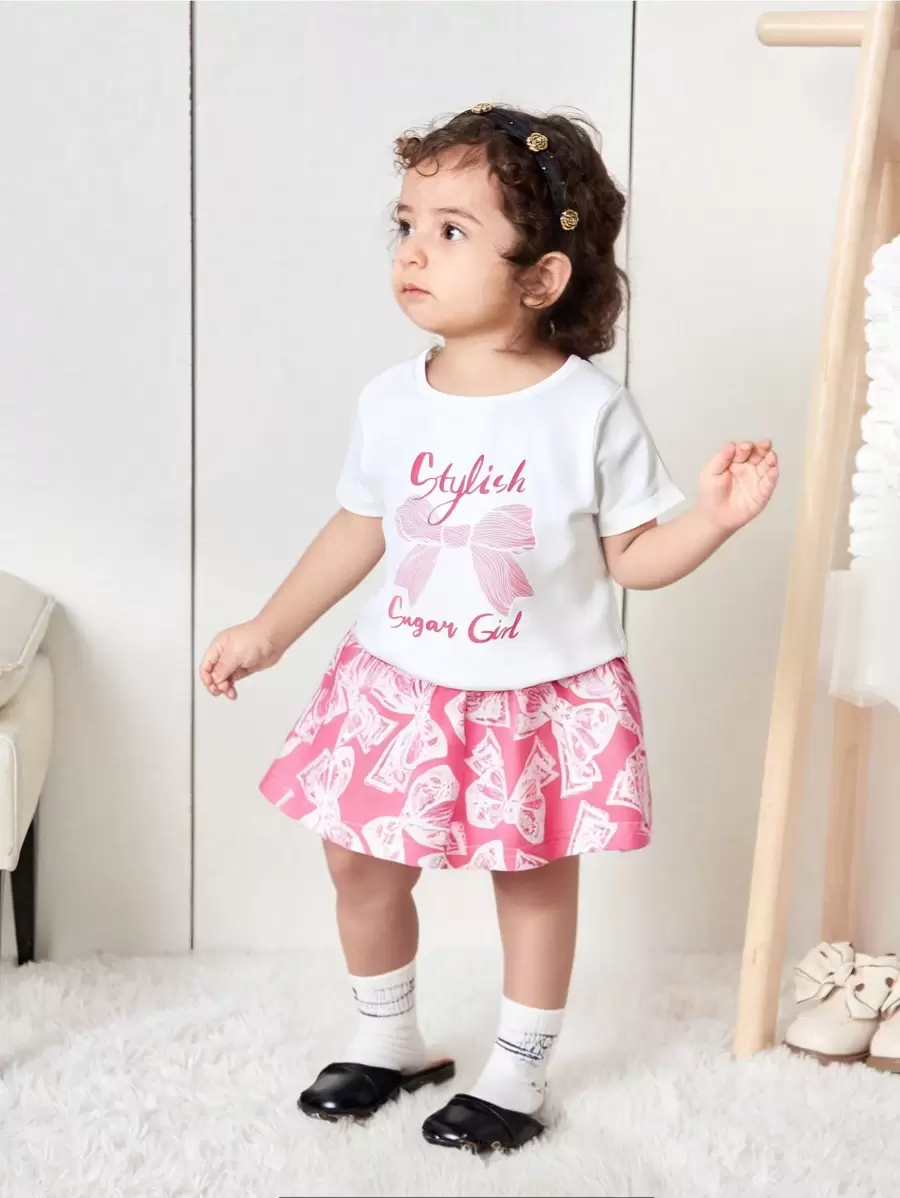 Roupa casual de verão para bebês meninas, camiseta branca com estampa fofa + saia evasê, uso diário essencial - Rosa Quente - Ver 1