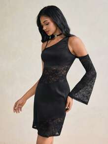Ella Moore Minivestido asimétrico de manga larga con cuello de encaje y satén negro, vestido sexy para rave, estilo y2k, vestido de hombros descubiertos para vacaciones, vestido de verano, vestido informal, vestido de fiesta