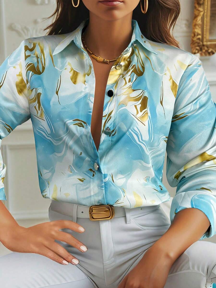 SHEIN Clasi Women's Elegant Marble Print Button Down Long Sleeve Blouse, Suitable For Vacation