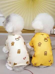 PETSIN Yellow Spring/Summer Simple Casual Home Wear Bear & Mushroom Print Hollow Ruffle Cuff Wearable & Leash Friendly Soft Pet Jumpsuit