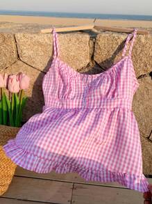 Comfortcana Große Größen Sommer rosa kariertes Camisole-Top mit Volant-Saum