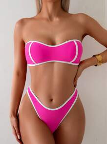 SHEIN Swim 2 Stücke Damen Zweiteiler Kontrast Farbe Träger Bikini Set, lässiger Urlaubsbadetextilien - Verschiedenfarbig - Übersicht 1