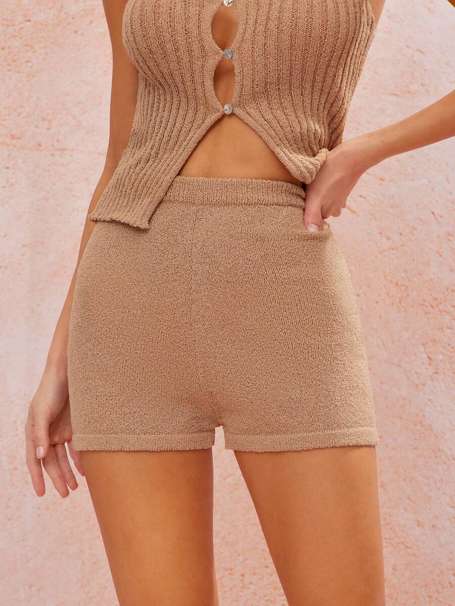 WESTFADE High Rise Elasticized Waist Casual Cute Knit Western Cowgirl Summer Vacation Sweater Shorts Spring Break Beach - Brown - View 1