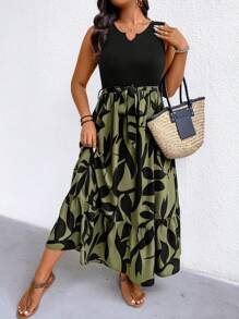 SHEIN LUNE Vestito a canotta in maglia con stampa a foglie e orlo asimmetrico (medio-lungo) da donna taglie forti, per primavera/estate, abito extra lungo da spiaggia per vacanze