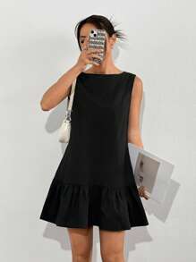 SHEIN EZwear Black Woven Minimalist Casual Mini Ruffles Dress Bowknot Back For Women, Fashionable Everyday Wear,Business Casual Woman