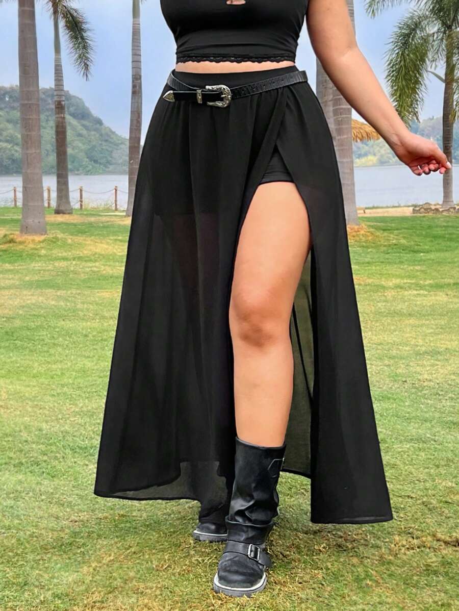 SHEIN EZwear Váy dài bằng vải voan mỏng bán trong suốt cỡ lớn cho nữ có viền xẻ bên hông