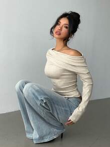 Aloruh Women's Casual Asymmetric Shoulder T-Shirt, Twist Knot Solid Color T-Shirt For Daily Wear, Commuting, Home, Layering, Long Sleeve Knit T-Shirt